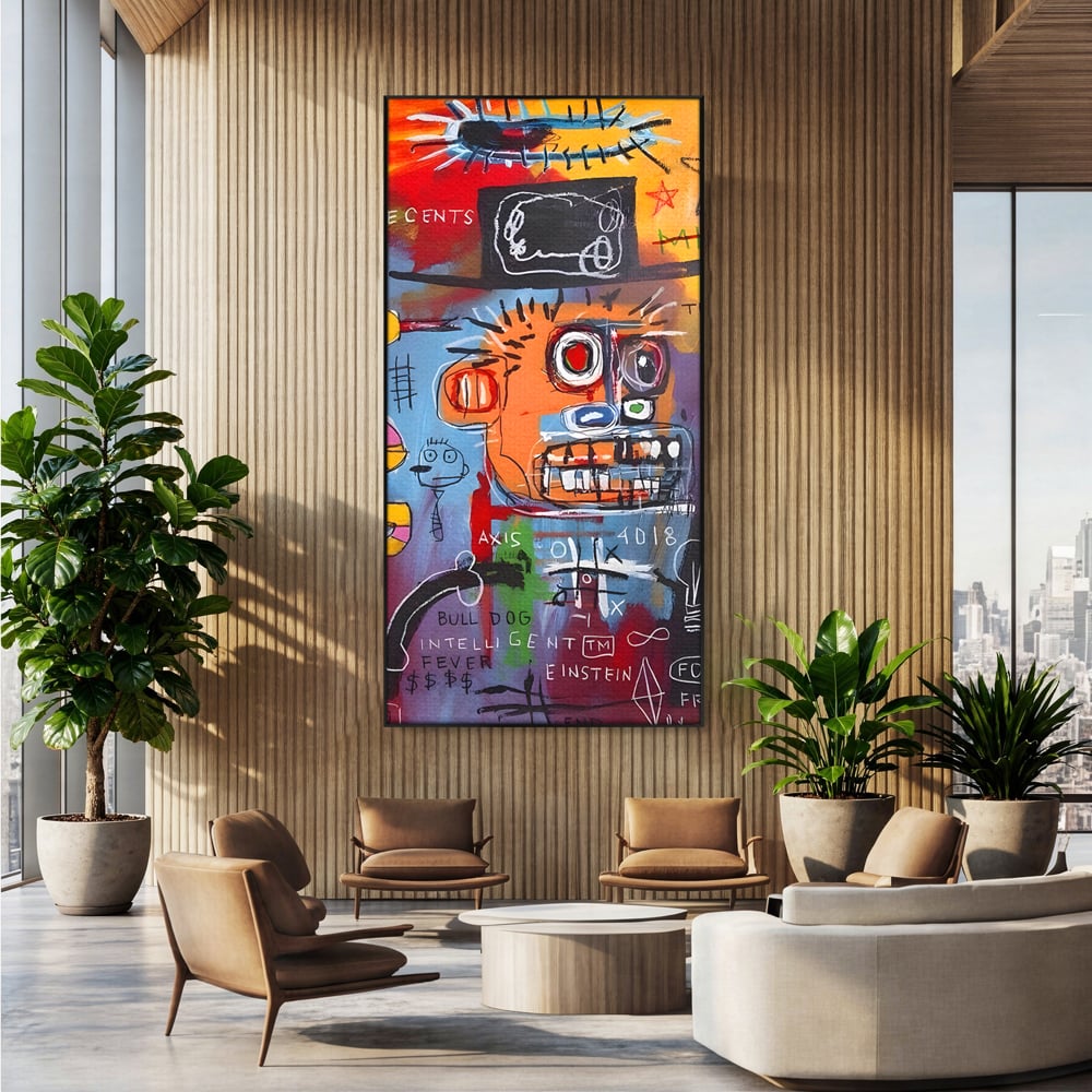 Tablou canvas cu tablou abstract cu portret si inscriptii, in rama de aluminiu negru, pe perete intr-un birou